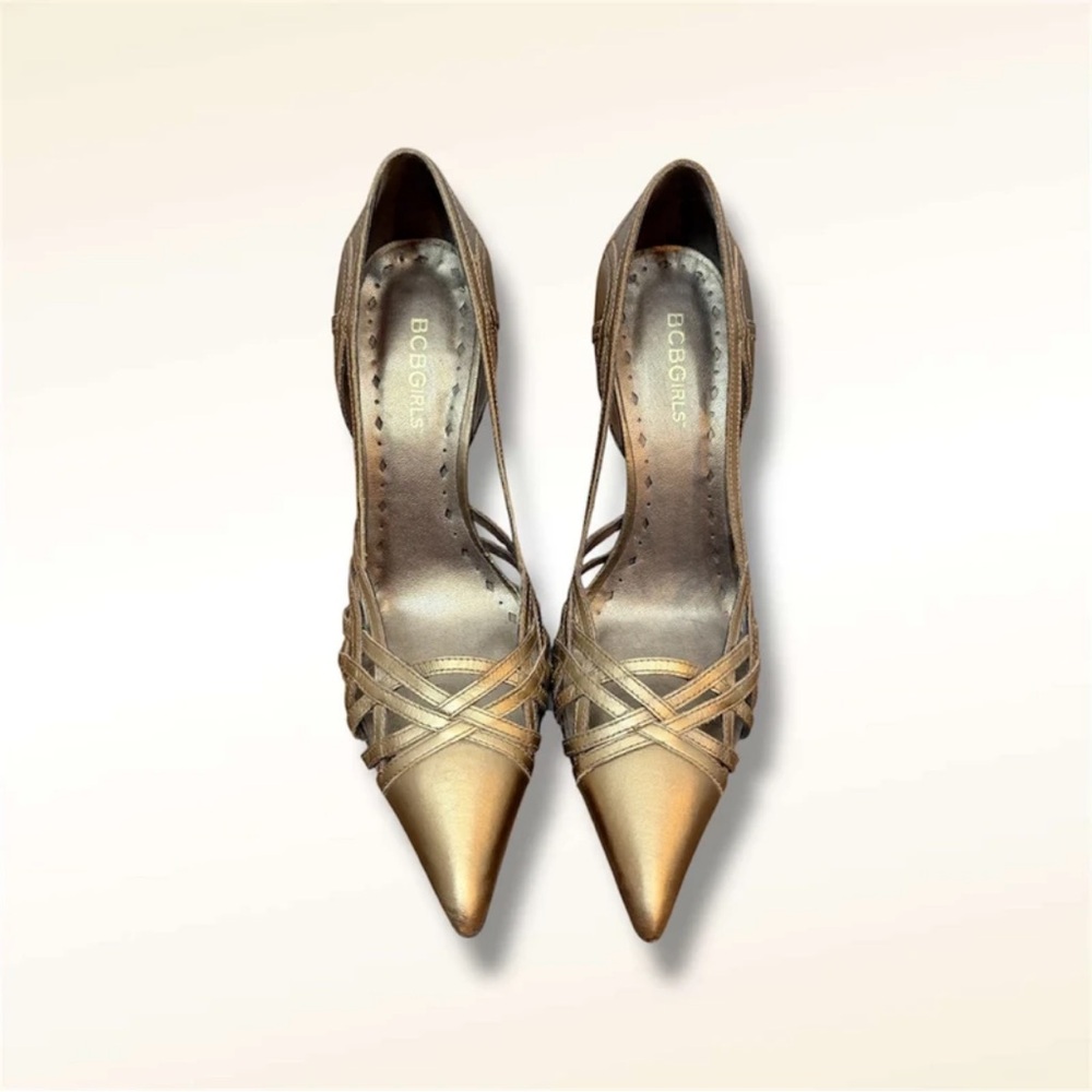 BCBGirls Metallic Gold Pointed Toe Strappy Heels
